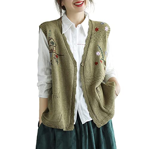 LCDIUDIU Sweater Pullunder,Frauen Kurze Strickwesten Süße Blumenstickerei Jacquard V-Ausschnitt Strickjacke Weste Herbst Locker Verdicken Schnalle Ärmelloses Strick Tank Top Damen Weste, Grün von LCDIUDIU