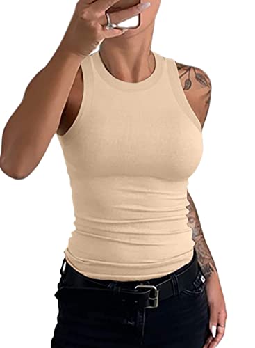 LCDIUDIU Tank Top Damen, Damen Neckholder Ärmellos Tanktops Lässig Einfarbig Apricot Racerback Rundhals Weste Mode Slim Fit Basic Shirts Sommer Sexy Crop Tops Rippstrick Cami Top,S von LCDIUDIU