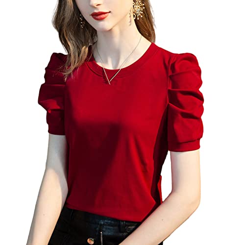 LCDIUDIU Tshirt, Damen Sommer Shirt T-Shirts Oberteile Dunkelblau Einfarbig Baumwolle Rundhals Mode T-Shirt Elegante Bequeme Blusen Sexy Charme Puffärmel Lässige Dünne T-Shirts,Rot,S LCDIUDIU Tshirt, Damen Sommer Shirt T-Shirts Oberteile Dunkelblau Einfarbig Baumwolle Rundhals Mode T-Shirt Elegante Bequeme Blusen Sexy Charme Puffärmel Lässige Dünne T-Shirts,Rot,S von LCDIUDIU