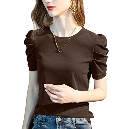LCDIUDIU Tshirt Damen, Damen Sommer Shirt T-Shirts Oberteile Dunkelblau Einfarbig Baumwolle Rundhals Mode T-Shirt Elegante Bequeme Blusen Sexy Charme Puffärmel Lässige Dünne T-Shirts, Braun, XL LCDIUDIU Tshirt Damen, Damen Sommer Shirt T-Shirts Oberteile Dunkelblau Einfarbig Baumwolle Rundhals Mode T-Shirt Elegante Bequeme Blusen Sexy Charme Puffärmel Lässige Dünne T-Shirts, Braun, XL von LCDIUDIU