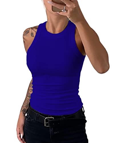 LCDIUDIU Unterhemden Damen, Damen Neckholder Ärmellose Tanktops Lässig Einfarbig Königsblau Racerback Rundhals Weste Mode Slim Fit Basic Shirts Sommer Sexy Crop Tops Rippstrick Cami Top,S von LCDIUDIU