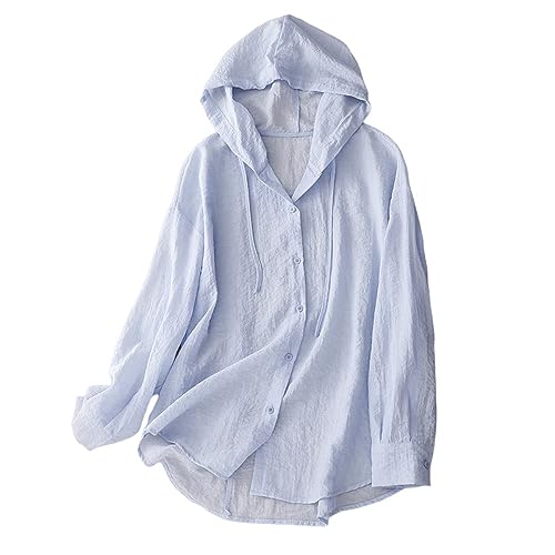 Langarmshirt Damen,Lässige Damen Bluse Aus Baumwollleinen Mit Kapuze, Button Down Hemdjacke, Blau, Solide Kapuze, Kordelzug, Stilvolles Hemd, Langärmlig, Leichte Bluse, Arbeitshemd, Überzugsobert Langarmshirt Damen,Lässige Damen Bluse Aus Baumwollleinen Mit Kapuze, Button Down Hemdjacke, Blau, Solide Kapuze, Kordelzug, Stilvolles Hemd, Langärmlig, Leichte Bluse, Arbeitshemd, Überzugsobert von LCDIUDIU