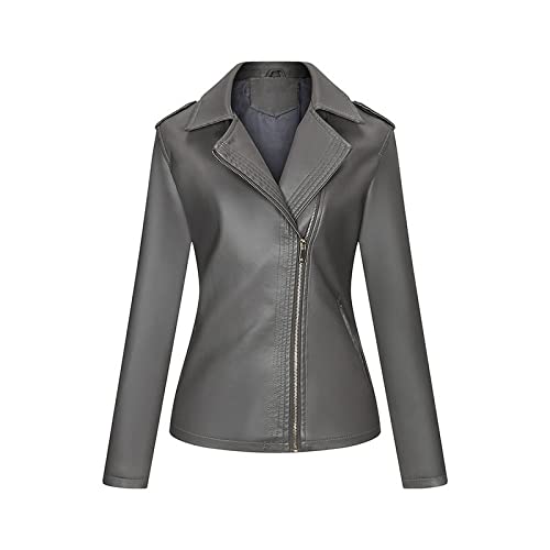 Lederjacke Damen,Damen Kunstlederjacke Grau Revers Seitlicher Reißverschluss Streifen Mit Taschen Schulterknöpfe Vintage Langarm Slim Fit Biker Pu Kurzmantel Bomber Motorrad Outwear Herbst Winter von LCDIUDIU