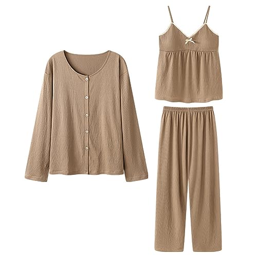 Schlafanzüge Für Damen,Damen-Pyjama-Sets, Khaki, Rundhalsausschnitt, Knopfleiste, Leibchen, 3-Teiliges Set, Stilvoll, Sexy, Kuschelig Warm, Langärmeliges Pyjama-Oberteil & Hosen-Set, Nachtwäsch Schlafanzüge Für Damen,Damen-Pyjama-Sets, Khaki, Rundhalsausschnitt, Knopfleiste, Leibchen, 3-Teiliges Set, Stilvoll, Sexy, Kuschelig Warm, Langärmeliges Pyjama-Oberteil & Hosen-Set, Nachtwäsch von LCDIUDIU