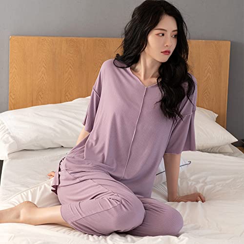 Sexy Schlafanzug Frauen,Damen-Pyjama-Sets Lila Einfarbig Modal V-Ausschnitt Spleißen Unregelmäßiger Saum Locker Gemütlich Leichtes Kurzarm-Pyjama-Oberteil & Amp; Unterteile Hosen Set Nachtwäsc von LCDIUDIU