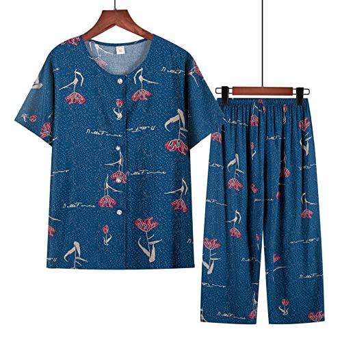 Sexy Schlafanzug Frauen,Damen-Pyjama-Sets Marineblau Rundhalsausschnitt Strickjacke Mit Knöpfen Rosenblütenblatt Briefdruck Gemütliches Leichtes Kurzarm-Pyjama-Oberteil & Amp; Unterteile Hosen S von LCDIUDIU