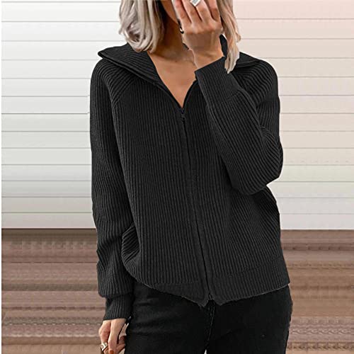 Strickjacke Damen,Damen Kurz Strickjacken Lässig Einfarbig Schwarz Gestreift Jacquard Reißverschluss Revers Langarm Open Front Pullover Strickjacke Herbst Locker Weich Strick Oberbekleidung Jacke,M von LCDIUDIU