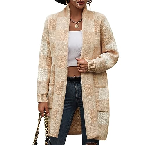 Strickjacken Für Damen,Grobstrickpullover Für Damen Strickjacke Strickmantel Vintage-Stil Farbblockierung Kariert Langärmelig Vorne Offen Strickjacke Weich Dick Strick-Oberbekleidung Elegante Her Strickjacken Für Damen,Grobstrickpullover Für Damen Strickjacke Strickmantel Vintage-Stil Farbblockierung Kariert Langärmelig Vorne Offen Strickjacke Weich Dick Strick-Oberbekleidung Elegante Her von LCDIUDIU