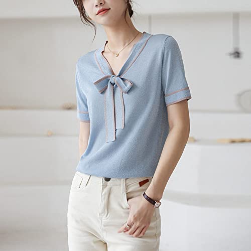 T-Shirts Für Damen, Kurzarm-Strickoberteile Für Damen Hellblau V-Ausschnitt Fliege Gestreifte Glänzende Seide Elegante Freizeit Elastisches Ernteoberteil Sommer T-Shirts Pullover Leichter Strickp von LCDIUDIU