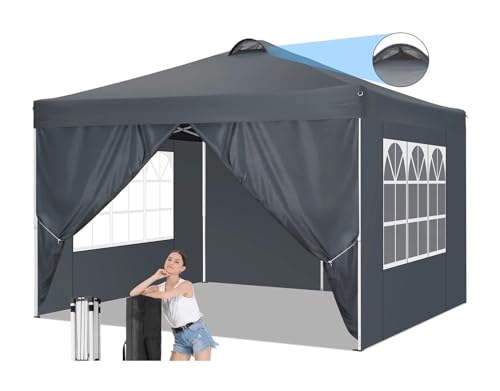 Tunnelzelte 10 x 10 Fuß großes Pop-up-Überdachungszelt mit 4 Seitenwänden, wasserdichter Outdoor-Sonnenschutz mit Lüftungsschlitzen, sofort tragbarer Eisfischerzelt(Gray) von LCQSYE