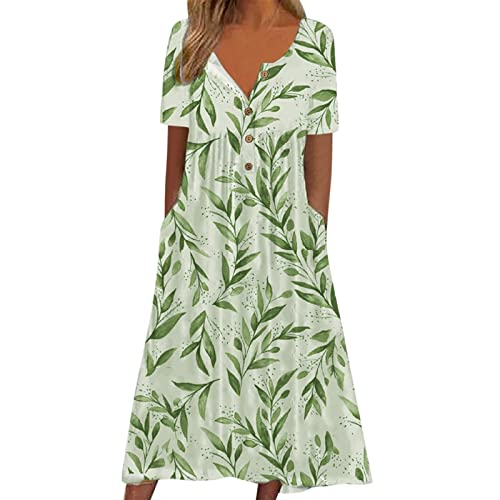 Bonprix Damenmode Midi Langes Elegant Festliche Maxikleid A Linie V Ausschnitt Kurzarm Tunika Kleid Große Größen Sommer mit Taschen Strandkleid Boho Kleider Knopfleiste Sommerkleid Oversize Kleid von LCpddajlspig