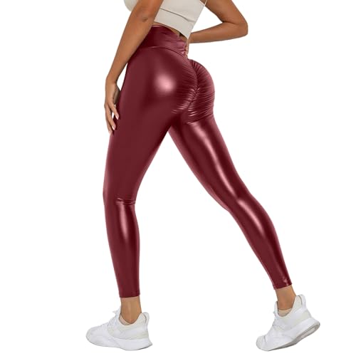 Leggings-Damen-Lederoptik, Leggings Lederoptik Damen, High Waist Leder Leggings Gefütterte Lederleggings-Lederhose Bauchweg Thermo-Leggings Kunstlederhose Jeggings Sexy Glanz Leggings Lederoptik von LCpddajlspig