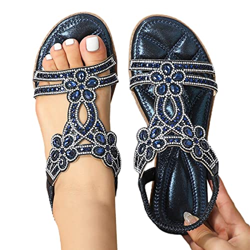 Sandalen Damen mit Absatz Sommer Bequem Elegant Sandalen mit Strass Perlen Bohemia Strand Schuhe Freizeit Flach Sandalette von LCpddajlspig