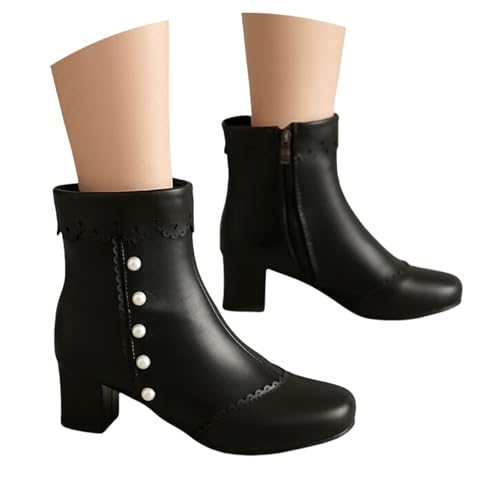 Damen Kurz Stiefel Mit 5cm Blockabsatz, Herbst Winter Stiefeletten 2024 Neu Ankle Boots Mit Perle PU-Leder Booties Mit Reißverschluss,große Größe Knöchel Schuhe Für Outdoor, Party(Black,37 EU) von LDXEQIZ