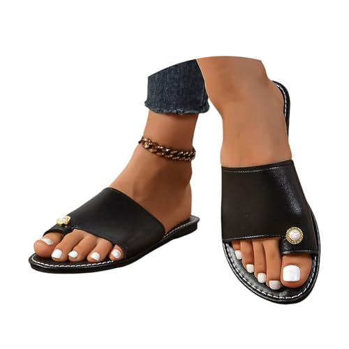 Damen Römische Sandalen 2025 Neu Clip -Toe Hausschuhe Mit Perle Sommer PU-Leder Flip-Flops Flache Open Toe Slingback Bohemian Schlappen Leichte Große Größe Pantoffeln Für Pool /Strand(Black,36 EU) von LDXEQIZ