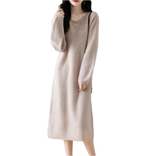 LDXEQIZ 2024 Herbst Winter Pulloverkleid Damen Langarm Rollkragen Wolle Strickkleid Warm Lang Kaschmirk Kleider Elegant Sweater Dress Für Party(Beige,XL) von LDXEQIZ