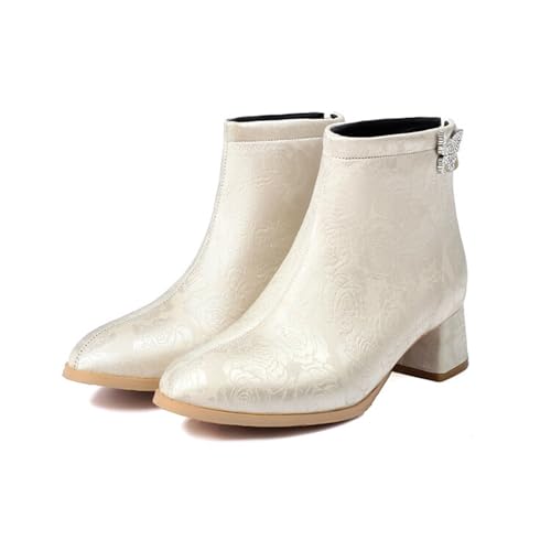 LDXEQIZ 2024 Neu Stiefeletten mit Strass-Schmetterlings Damen Elegant Kurz Stiefel mit Blumen Retro Chinesischerstil Ankle Boots PU-Leder Booties mit Blockabsatz Frühling Knöchel Schuhe(White,41 EU) von LDXEQIZ