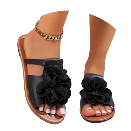 LDXEQIZ 2025 Große Größe Hausschuhe Damen Retro Römische Sandalen Student Flache Schlappen Mit Blumen PU-Leder Offene Zehe Slingback Pantoffeln Bequeme Strandschuhe Für Outdoor(Black,41 EU) von LDXEQIZ