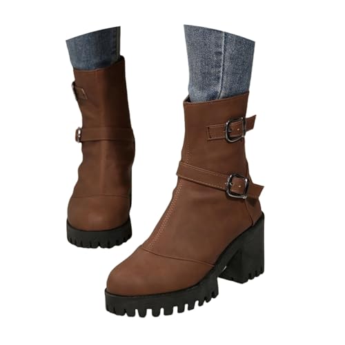 LDXEQIZ Biker Stiefeletten Damen Fashion Kurz Stiefel Mit Doppelte Schnalle PU-Leder Ankle Boots Bequeme Plateau Booties Mit Blockabsatz Große Größe Knöchel Schuhe Für Frühling(Brown,43 EU) von LDXEQIZ