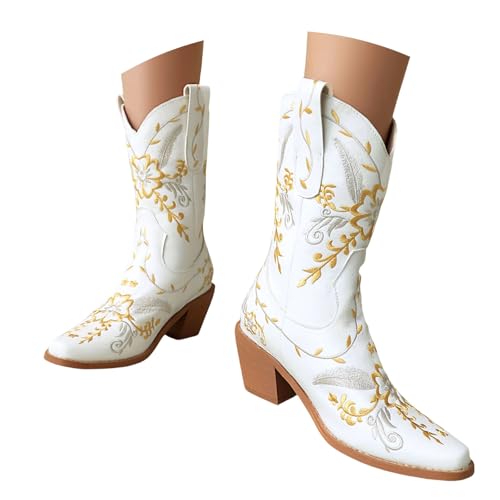 LDXEQIZ Cowboy Stiefeletten Damen Stickerei Western Stiefel Square Toe Cowgirl Boots PU-Leder Pull- On Booties 6cm Blockabsatz Knöchel Schuhe Für Outdoor, Party,Hochzeit(White,43 EU) von LDXEQIZ