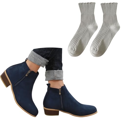 LDXEQIZ Damen Chelsea Stiefel Vintage Wildleder Stiefeletten Leopardenmuster Ankle Boots Blockabsatz Booties Mit Doppelter Reißverschluss Frühling Knöchel Schuhe(Blue,41 EU) von LDXEQIZ