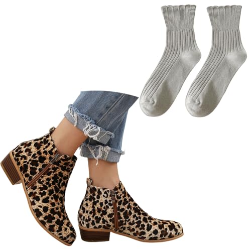 LDXEQIZ Damen Chelsea Stiefel Vintage Wildleder Stiefeletten Leopardenmuster Ankle Boots Blockabsatz Booties Mit Doppelter Reißverschluss Frühling Knöchel Schuhe(Leopard,38 EU) von LDXEQIZ