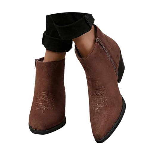 LDXEQIZ Damen Cowboy Stiefeletten Vintage Wildleder Kurz Stiefel Western Ankle Boots Mit Stickerei Pointed Toe Booties Mit Blockabsatz Große Größe Knöchel Schuhe(Brown,43 EU) von LDXEQIZ