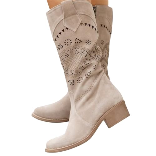 LDXEQIZ Damen Cowboystiefel Vintage Wildleder Halbschaft Stiefel Blumenausschnitt Stiefeletten Mit Blockabsatz Ritterstiefel Mit Seitlichem Reißverschluss(Beige,41 EU) von LDXEQIZ