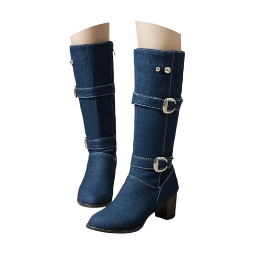 LDXEQIZ Damen Denim Stiefeletten 2025 Ankle Boots Mit Doppelte Schnalle Elegant Kurz Stiefel Mit Blockabsatz Frühling Booties 6cm High-Heel Retro Ritterstiefel Große Größe Knöchel Schuhe(Blue,38 EU) von LDXEQIZ