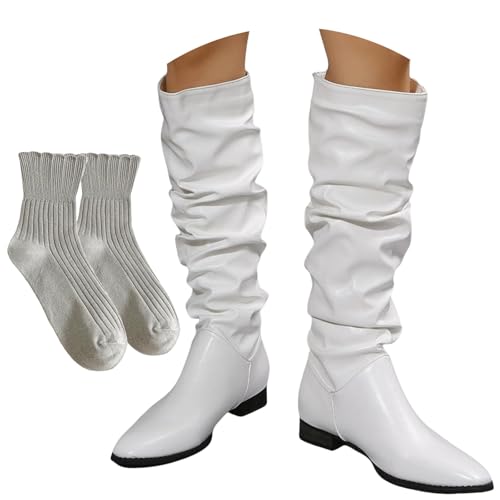 LDXEQIZ Damen Falten Hohe Stiefel Square Toe Langschaft Boots PU-Leder Schlupfstiefel Herbst Winter Ritterstiefel Lässige Lange Stiefeletten Für Outdoor, Party(White,42 EU) von LDXEQIZ