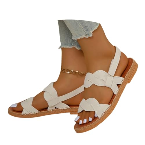 LDXEQIZ Damen Flache Sandalen Vintage Römische Sandals Sommer Offene Zehe Zehentrenner Sandaletten Bohemian Flip Flops Casual Große Größe Strandschuhe(White,37 EU) von LDXEQIZ