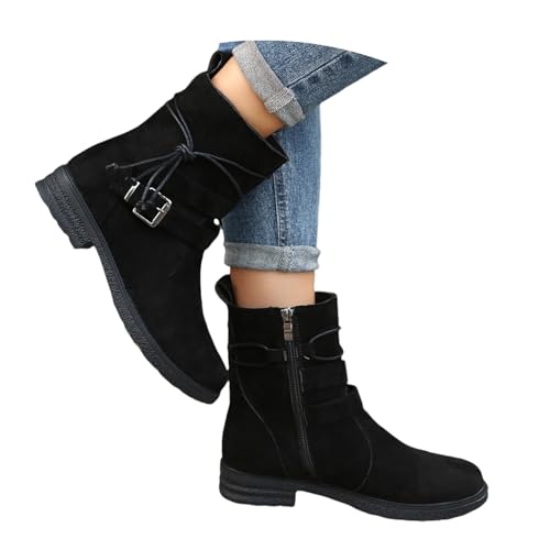 LDXEQIZ Damen Freizeit Stiefeletten Klassiker Ankle Boots Mit Schnalle Herbst Winter Wildleder Kurz Stiefel Mit Seitlichem Reißverschluss Große Größe Knöchel Schuhe Für Outdoor, Party(Black,43 EU) von LDXEQIZ