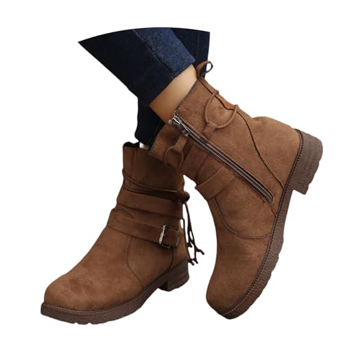 LDXEQIZ Damen Freizeit Stiefeletten Klassiker Ankle Boots Mit Schnalle Herbst Winter Wildleder Kurz Stiefel Mit Seitlichem Reißverschluss Große Größe Knöchel Schuhe Für Outdoor, Party(Brown,39 EU) von LDXEQIZ