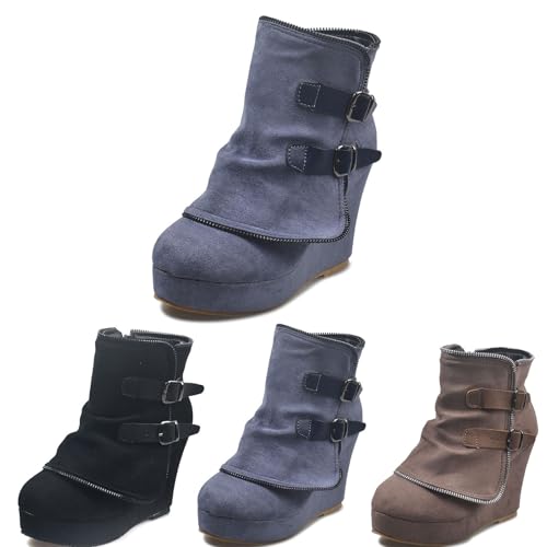 LDXEQIZ Damen Frühling Stiefeletten Fashion Ankle Boots Mit Doppelte Schnalle Vintage Wildleder Kurz Stiefel Plateau Booties Mit Reißverschluss Große Größe Knöchel Schuhe(Gray,39 EU) von LDXEQIZ