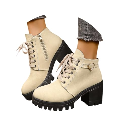 LDXEQIZ Damen Gotisch Schnürstiefel Blockabsatz Ankle Boots Wildleder Plateau Stiefeletten Mit Schnallen Biker Booties Mit Reißverschluss Freizeit Knöchel Schuhe Für Outdoor, Party(Beige,39 EU) von LDXEQIZ