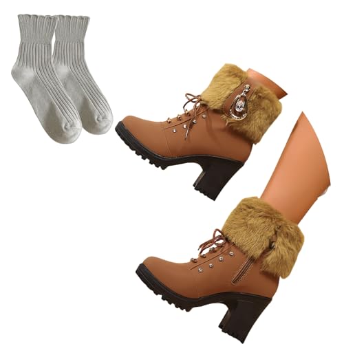 LDXEQIZ Damen Gotisch Schnürstiefel Blockabsatz Booties Wildleder Plateau Stiefeletten Mit Strassschnalle Biker Ankle Boots Warm Knöchel Schuhe Mit Plüschrevers(Brown,38 EU) von LDXEQIZ