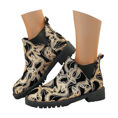 LDXEQIZ Damen Große Größe Stiefeletten 2024 Neu Ankle Boots mit Schmetterlingsdruck Herbst Winter Kurz Stiefel PU-Leder Biker Booties Elegant Knöchel Schuhe Für Outdoor, Party(37 EU) von LDXEQIZ