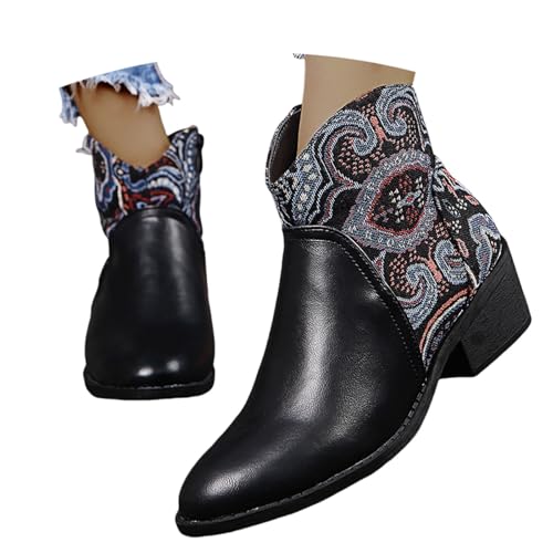 LDXEQIZ Damen Große Größe Stiefeletten Blumen Patchwork Kurz Stiefel Retro Combat Ankle Boots Frühling PU-Leder Biker Booties Frauen Freizeit Knöchel Schuhe Mit Blockabsatz(Black,37 EU) von LDXEQIZ