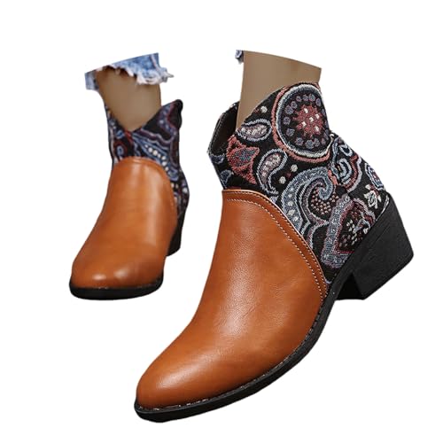 LDXEQIZ Damen Große Größe Stiefeletten Blumen Patchwork Kurz Stiefel Retro Combat Ankle Boots Frühling PU-Leder Biker Booties Frauen Freizeit Knöchel Schuhe Mit Blockabsatz(Brown,37 EU) von LDXEQIZ