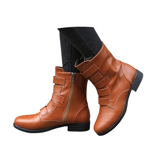 LDXEQIZ Damen Große Größe Stiefeletten Frühling PU-Leder Biker Booties Retro Combat Ankle Boots 2025 Neu Kurz Stiefel Mit Schnalle Frauen Freizeit Knöchel Schuhe Mit Blockabsatz(Brown,37 EU) von LDXEQIZ