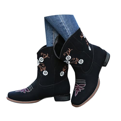 LDXEQIZ Damen Große Größe Stiefeletten Mid Calf Stiefel Mit Blumenstickerei Retro Western Cowboy Boots 2025 Neu PU-Leder Booties Mit Blockabsatz Square Toe Knöchel Schuhe Für Konzert(Black,43 EU) von LDXEQIZ