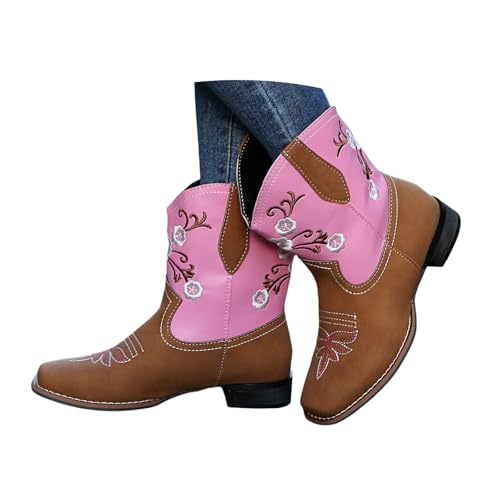 LDXEQIZ Damen Große Größe Stiefeletten Mid Calf Stiefel Mit Blumenstickerei Retro Western Cowboy Boots 2025 Neu PU-Leder Booties Mit Blockabsatz Square Toe Knöchel Schuhe Für Konzert(Pink,38 EU) von LDXEQIZ