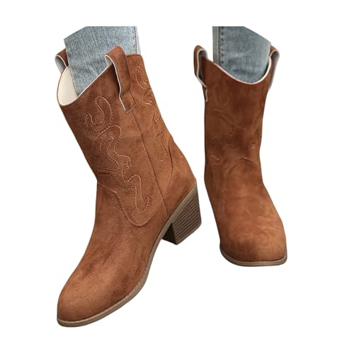 LDXEQIZ Damen Große Größe Stiefeletten Mid Calf Stiefel mit Stickerei Retro Western Cowboy Boots 2024 Neu Wildleder Booties mit Blockabsatz Freizeit Knöchel Schuhe Für Konzert(Brown,36 EU) von LDXEQIZ