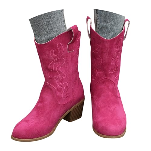 LDXEQIZ Damen Große Größe Stiefeletten Mid Calf Stiefel mit Stickerei Retro Western Cowboy Boots 2024 Neu Wildleder Booties mit Blockabsatz Freizeit Knöchel Schuhe Für Konzert(Pink,38 EU) von LDXEQIZ