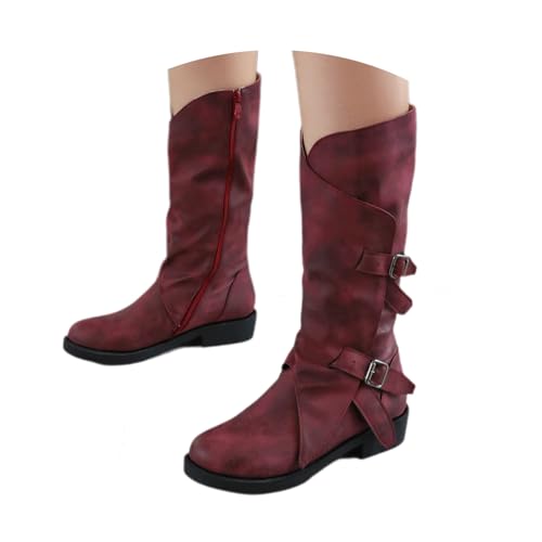 LDXEQIZ Damen Hohe Stiefel Mit Doppelschnallen PU-Leder Langschaft Boots Retro Ritterstiefel Mit Seitlichem Reißverschluss Herbst Winter Schneestiefel Freizeit Western Cowboy Stiefel(Red,36 EU) von LDXEQIZ