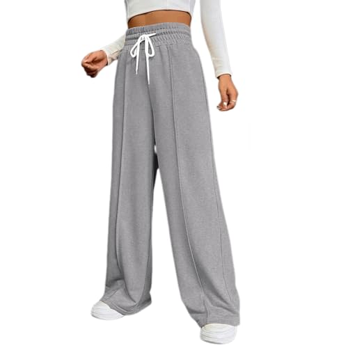 LDXEQIZ Damen Jogginghose Mit Weitem Bein Elastizität High Waist Sporthosen Herbst Baggy Sporthosen Lange Trainingshose Mit Kordelzug Freizeit Schlaghosen Für Outdoor(Gray,M) von LDXEQIZ