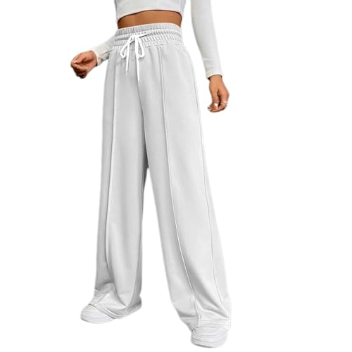 LDXEQIZ Damen Jogginghose Mit Weitem Bein Elastizität High Waist Sporthosen Herbst Baggy Sporthosen Lange Trainingshose Mit Kordelzug Freizeit Schlaghosen Für Outdoor(White,L) von LDXEQIZ