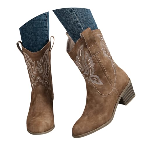 LDXEQIZ Damen Klassiker Western Cowboy Stiefel Für Konzert Retro Mid Calf Boots mit Stickerei Herbst Winter Wildleder Schlupfstiefel Freizeit Knöchel Schuhe mit Blockabsatz(Brown,37 EU) von LDXEQIZ