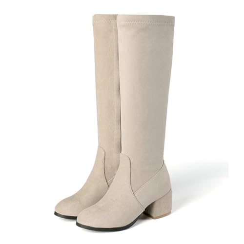 LDXEQIZ Damen Kniehohe Stiefel Mit Blockabsatz Elastizität Wildleder Langschaft Boots Round Toe Hohe Stiefel Mit Seitlichem Reißverschluss Frühling Herbst Ritterstiefel Für Hochzeit(Beige,38 EU) von LDXEQIZ