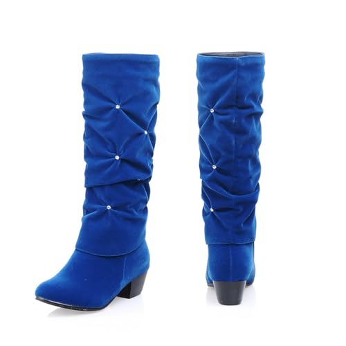 LDXEQIZ Damen Kniehohe Stiefel Mit Strasssteine Wildleder Langschaft Boots Mit Blockabsatz Winter Warm Ritterstiefel Vintage Schlupfstiefel Für Outdoor, Party(Blue,37 EU) von LDXEQIZ